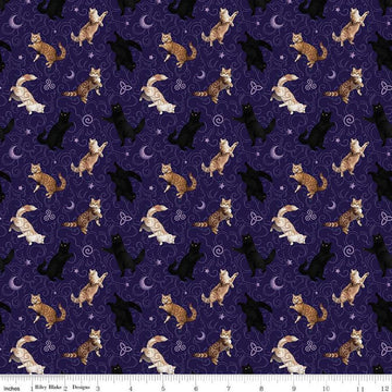 Image of Celtic Cats Cats Purple quilting cotton fabric by Brigid Ashwood for Riley Blake Designs. Features cats on a Purple background. Cute Little Fabric Shop