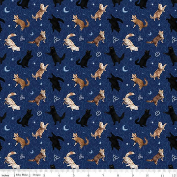 Image of Celtic Cats Cats Navy quilting cotton fabric by Brigid Ashwood for Riley Blake Designs. Features cats on a blue background. Cute Little Fabric Shop