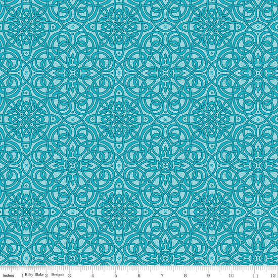 Image of Celtic Cats Celtic Knots Aqua quilting cotton fabric by Brigid Ashwood for Riley Blake Designs. Features Celtic knots on a blue background. Cute Little Fabric Shop