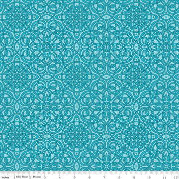 Image of Celtic Cats Celtic Knots Aqua quilting cotton fabric by Brigid Ashwood for Riley Blake Designs. Features Celtic knots on a blue background. Cute Little Fabric Shop