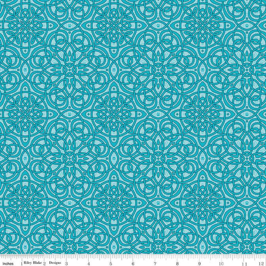 Image of Celtic Cats Celtic Knots Aqua quilting cotton fabric by Brigid Ashwood for Riley Blake Designs. Features Celtic knots on a blue background. Cute Little Fabric Shop