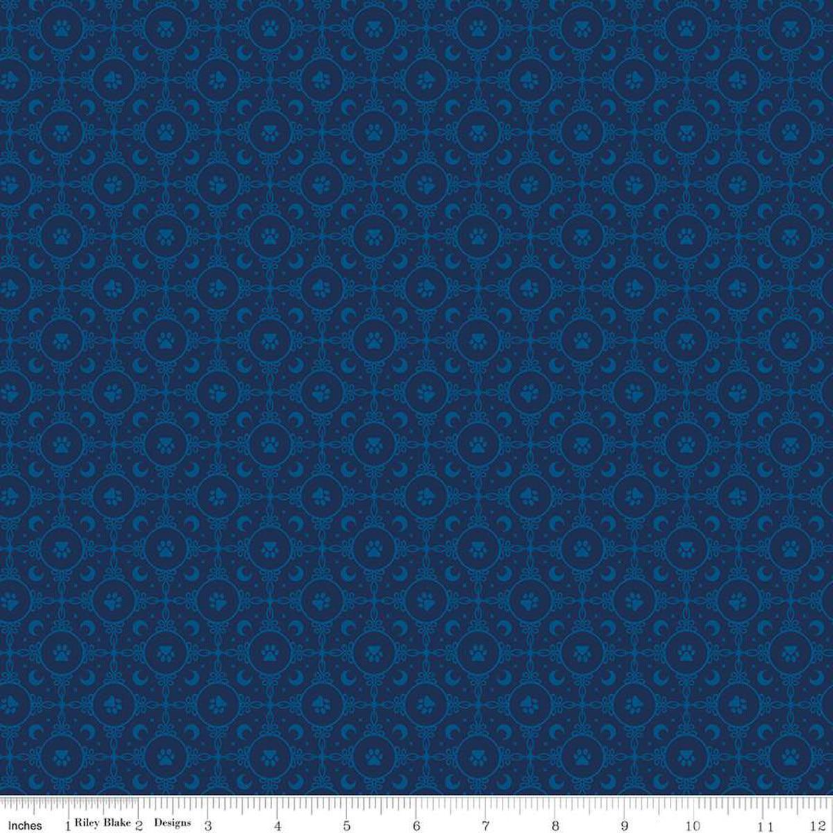 Image of Celtic Cats Circle Paws Navy quilting cotton fabric by Brigid Ashwood for Riley Blake Designs. Features pawprints on a blue background. Cute Little Fabric Shop
