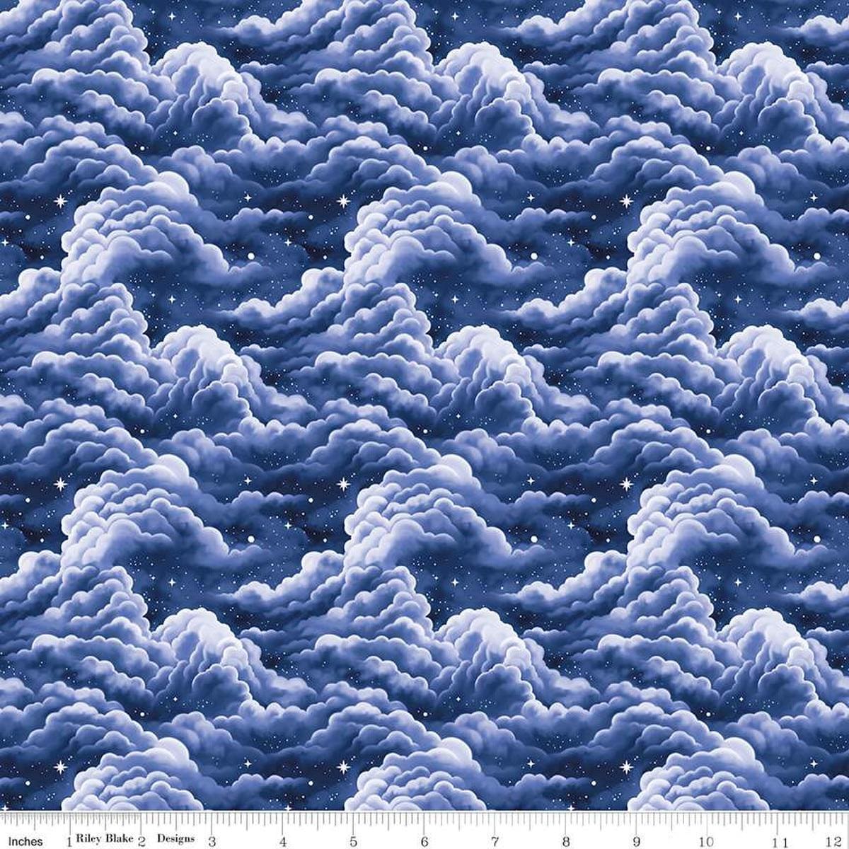 Image of Celtic Cats Clouds Navy quilting cotton fabric by Brigid Ashwood for Riley Blake Designs. Features clouds on a blue background. Cute Little Fabric Shop
