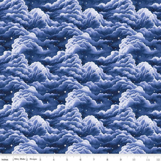 Image of Celtic Cats Clouds Navy quilting cotton fabric by Brigid Ashwood for Riley Blake Designs. Features clouds on a blue background. Cute Little Fabric Shop