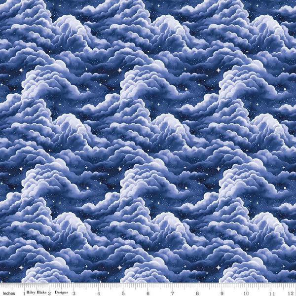 Image of Celtic Cats Clouds Navy quilting cotton fabric by Brigid Ashwood for Riley Blake Designs. Features clouds on a blue background. Cute Little Fabric Shop