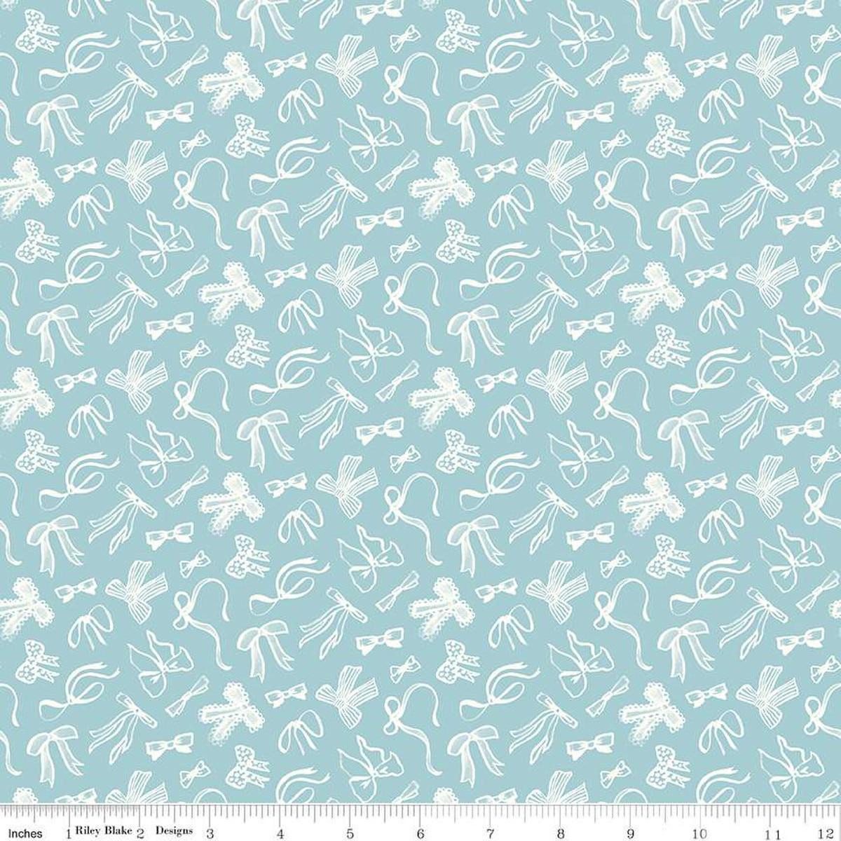 Image of Mary Catherine Bows Songbird quilting cotton fabric by Amy Smart for Riley Blake Designs. Features bows on a blue background. Cute Little Fabric Shop
