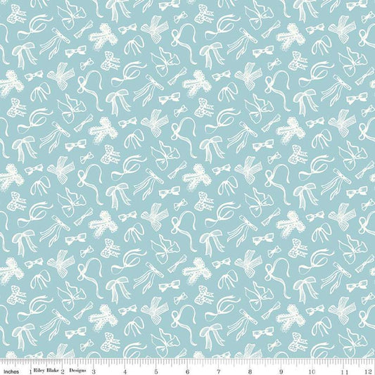 Image of Mary Catherine Bows Songbird quilting cotton fabric by Amy Smart for Riley Blake Designs. Features bows on a blue background. Cute Little Fabric Shop