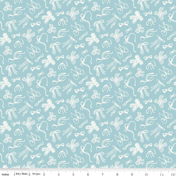 Image of Mary Catherine Bows Songbird quilting cotton fabric by Amy Smart for Riley Blake Designs. Features bows on a blue background. Cute Little Fabric Shop