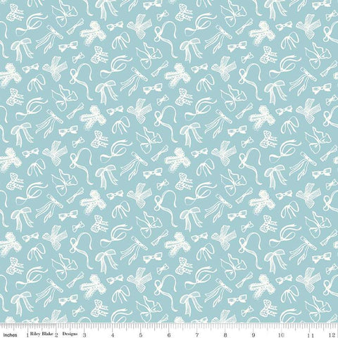 Image of Mary Catherine Bows Songbird quilting cotton fabric by Amy Smart for Riley Blake Designs. Features bows on a blue background. Cute Little Fabric Shop