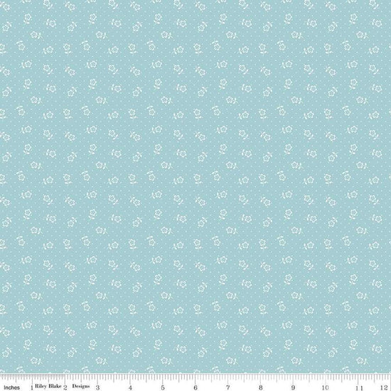 Image of Mary Catherine Flower Dots Songbird quilting cotton fabric by Amy Smart for Riley Blake Designs. Features flowers on a blue background. Cute Little Fabric Shop