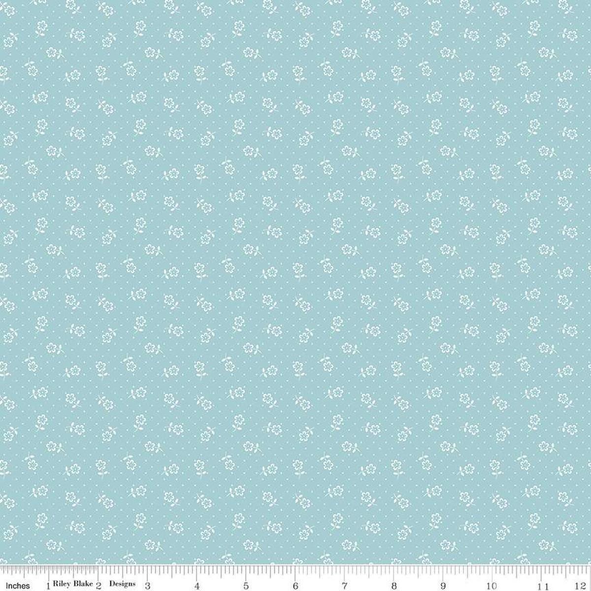 Image of Mary Catherine Flower Dots Songbird quilting cotton fabric by Amy Smart for Riley Blake Designs. Features flowers on a blue background. Cute Little Fabric Shop
