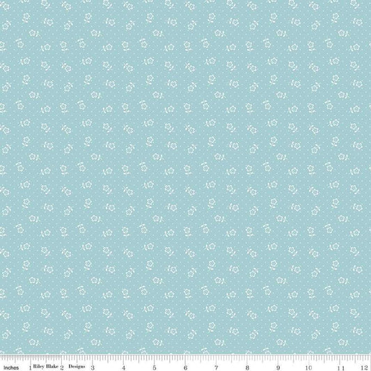 Image of Mary Catherine Flower Dots Songbird quilting cotton fabric by Amy Smart for Riley Blake Designs. Features flowers on a blue background. Cute Little Fabric Shop