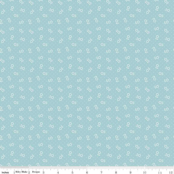 Image of Mary Catherine Flower Dots Songbird quilting cotton fabric by Amy Smart for Riley Blake Designs. Features flowers on a blue background. Cute Little Fabric Shop