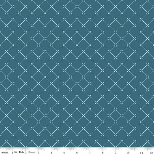 Image of Mary Catherine Grid Stargazer quilting cotton fabric by Amy Smart for Riley Blake Designs. Features squares on a blue background. Cute Little Fabric Shop