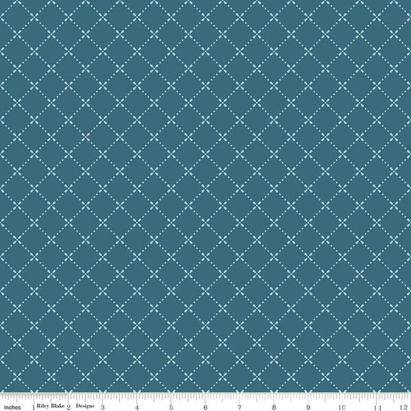 Image of Mary Catherine Grid Stargazer quilting cotton fabric by Amy Smart for Riley Blake Designs. Features squares on a blue background. Cute Little Fabric Shop