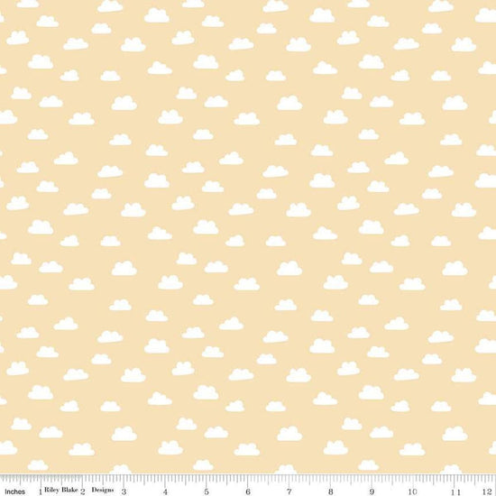Image of Baby Girl Clouds Yellow quilting cotton fabric by Lori Whitlock for Riley Blake Designs. Features clouds on a yellow background. Cute Little Fabric Shop