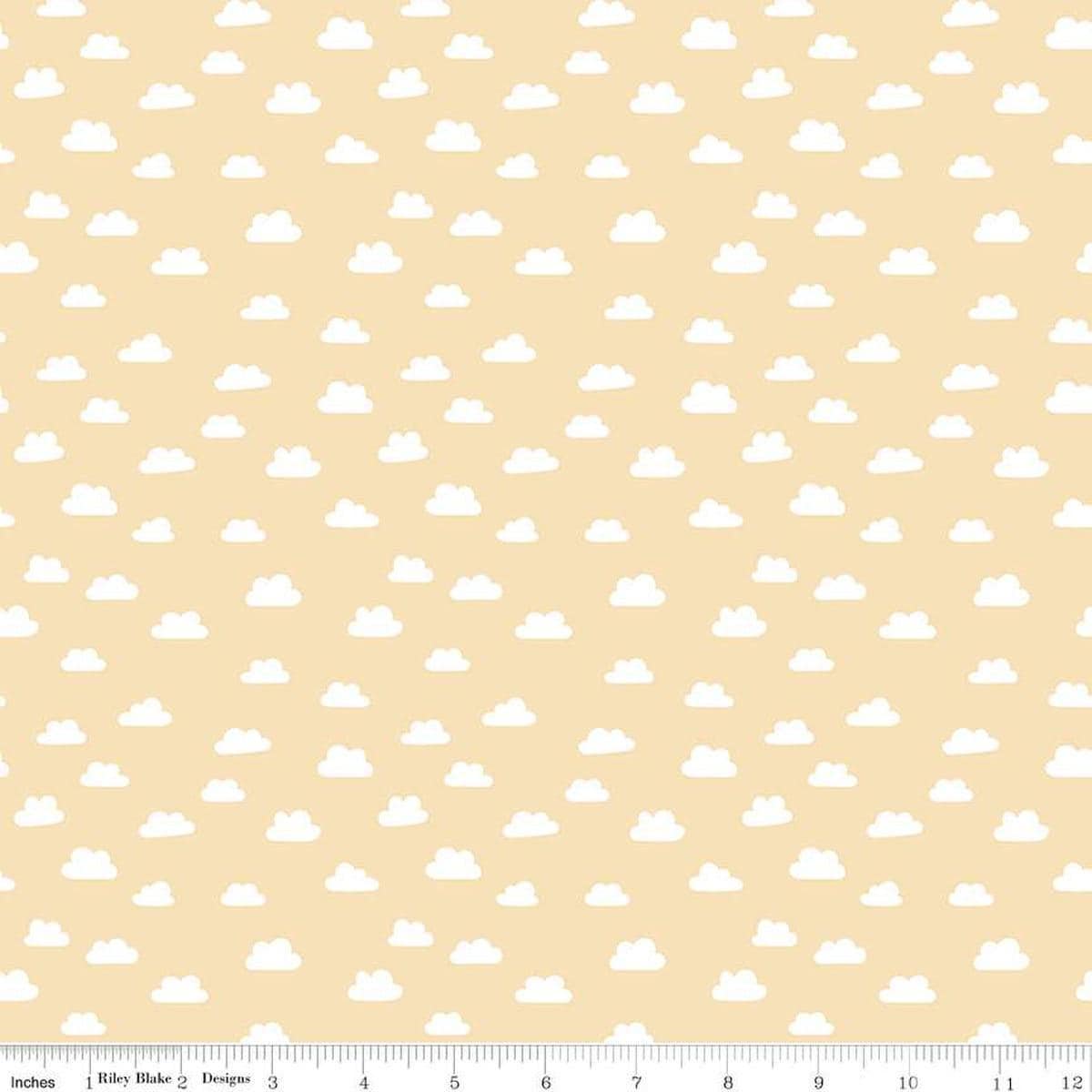 Image of Baby Girl Clouds Yellow quilting cotton fabric by Lori Whitlock for Riley Blake Designs. Features clouds on a yellow background. Cute Little Fabric Shop