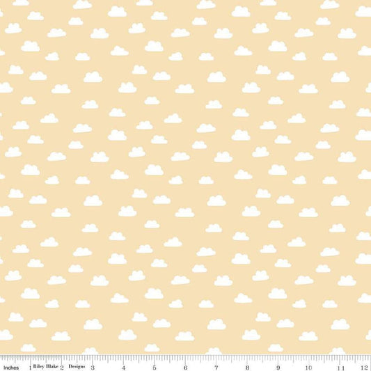 Image of Baby Girl Clouds Yellow quilting cotton fabric by Lori Whitlock for Riley Blake Designs. Features clouds on a yellow background. Cute Little Fabric Shop