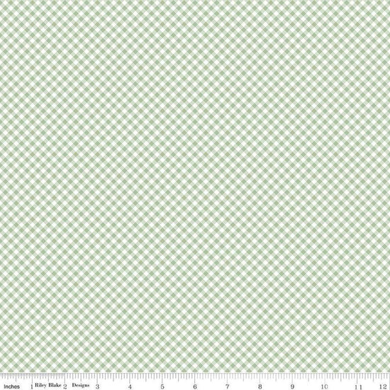 Image of Baby Girl Gingham Green quilting cotton fabric by Lori Whitlock for Riley Blake Designs. Features plaid on a green background. Cute Little Fabric Shop