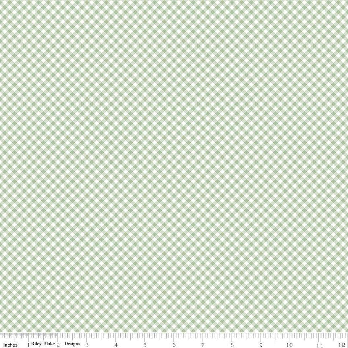 Image of Baby Girl Gingham Green quilting cotton fabric by Lori Whitlock for Riley Blake Designs. Features plaid on a green background. Cute Little Fabric Shop