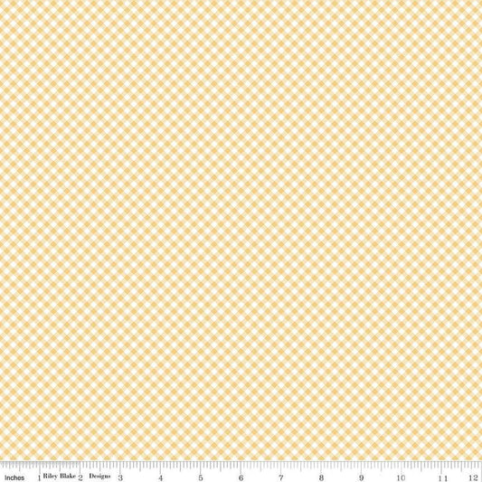 Image of Baby Girl Gingham Yellow quilting cotton fabric by Lori Whitlock for Riley Blake Designs. Features plaid on a yellow background. Cute Little Fabric Shop