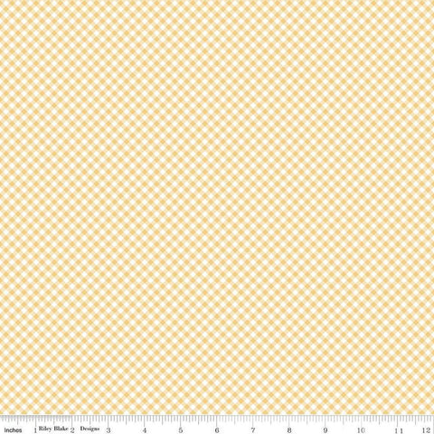 Image of Baby Girl Gingham Yellow quilting cotton fabric by Lori Whitlock for Riley Blake Designs. Features plaid on a yellow background. Cute Little Fabric Shop