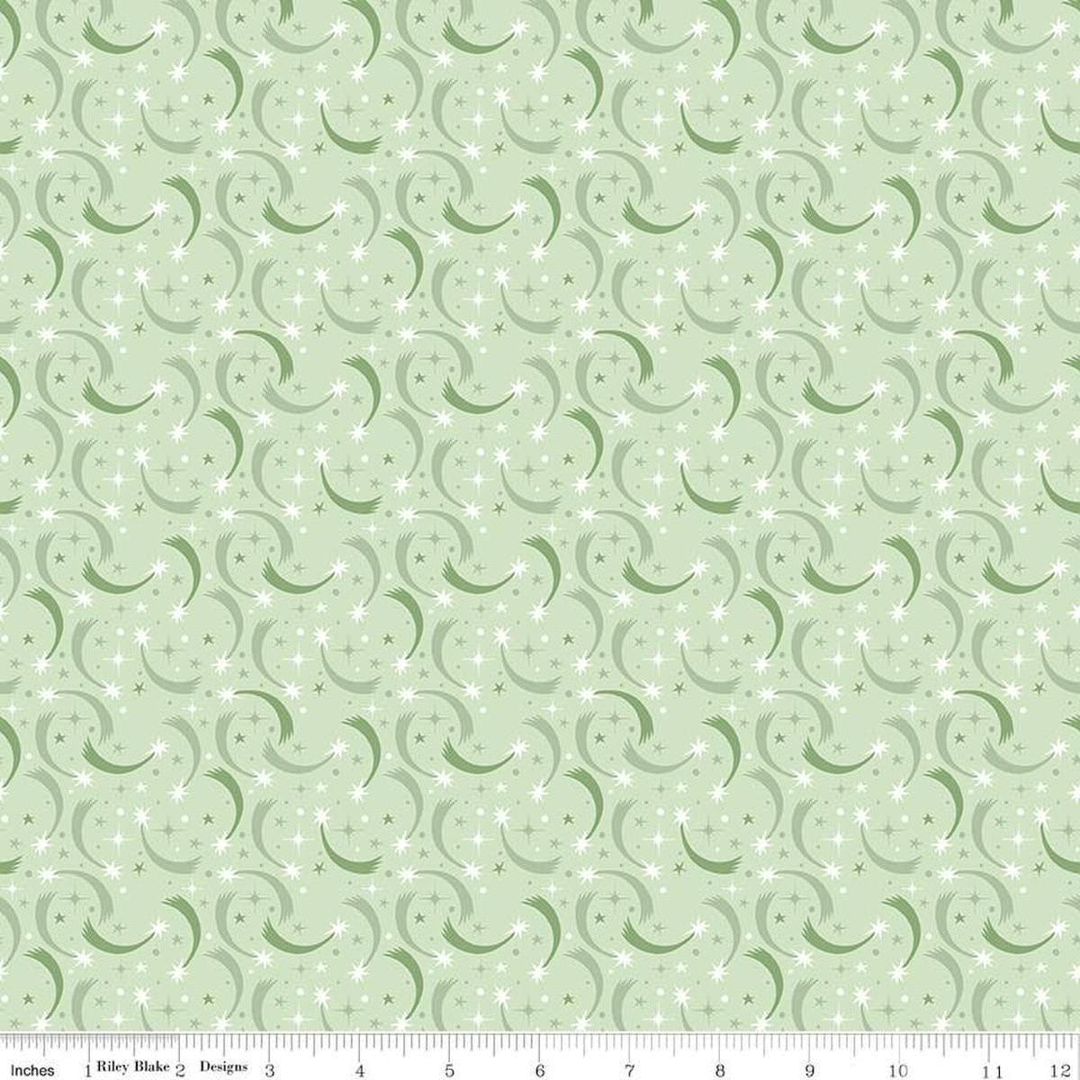 Image of Baby Girl Shooting Stars Mint quilting cotton fabric by Lori Whitlock for Riley Blake Designs. Features stars on a green background. Cute Little Fabric Shop