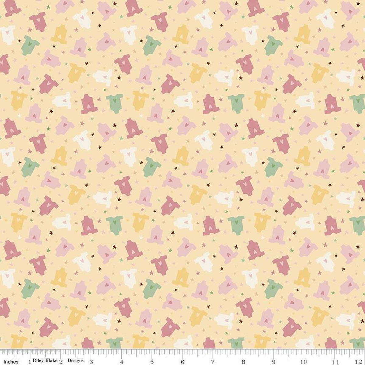 Image of Baby Girl Onesies Yellow quilting cotton fabric by Lori Whitlock for Riley Blake Designs. Features onesies on a yellow background. Cute Little Fabric Shop