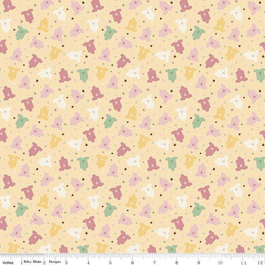 Image of Baby Girl Onesies Yellow quilting cotton fabric by Lori Whitlock for Riley Blake Designs. Features onesies on a yellow background. Cute Little Fabric Shop