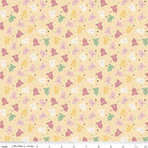 Image of Baby Girl Onesies Yellow quilting cotton fabric by Lori Whitlock for Riley Blake Designs. Features onesies on a yellow background. Cute Little Fabric Shop