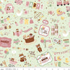 Image of Baby Girl Main Mint quilting cotton fabric by Lori Whitlock for Riley Blake Designs. Features toys on a green background. Cute Little Fabric Shop