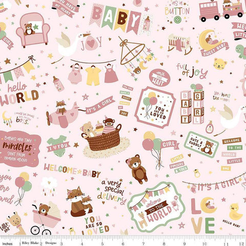 Image of Baby Girl Main Pink quilting cotton fabric by Lori Whitlock for Riley Blake Designs. Features toys on a pink background. Cute Little Fabric Shop