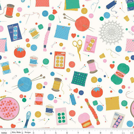 Image of Hand Made Notions Cloud quilting cotton fabric by Amber Kemp-Gerstel for Riley Blake Designs. Features sewing supplies on a white background. Cute Little Fabric Shop