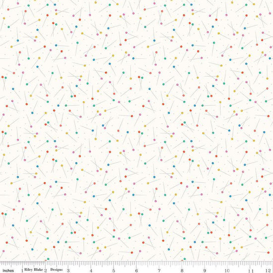 Image of Hand Made Pins Cloud quilting cotton fabric by Amber Kemp-Gerstel for Riley Blake Designs. Features pins on an off-white background. Cute Little Fabric Shop