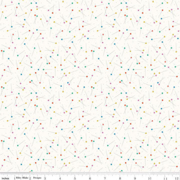 Image of Hand Made Pins Cloud quilting cotton fabric by Amber Kemp-Gerstel for Riley Blake Designs. Features pins on an off-white background. Cute Little Fabric Shop
