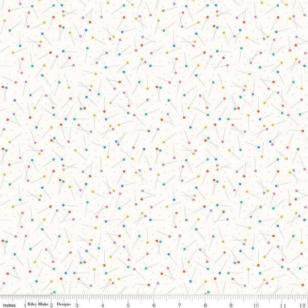 Image of Hand Made Pins Cloud quilting cotton fabric by Amber Kemp-Gerstel for Riley Blake Designs. Features pins on an off-white background. Cute Little Fabric Shop