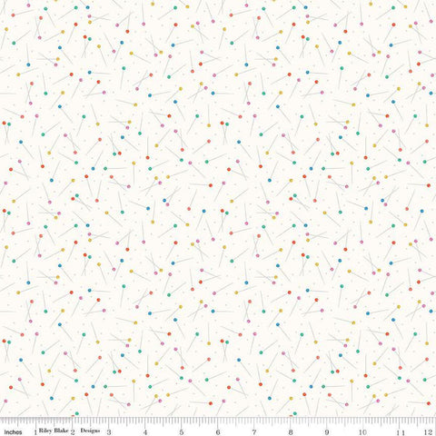 Image of Hand Made Pins Cloud quilting cotton fabric by Amber Kemp-Gerstel for Riley Blake Designs. Features pins on an off-white background. Cute Little Fabric Shop