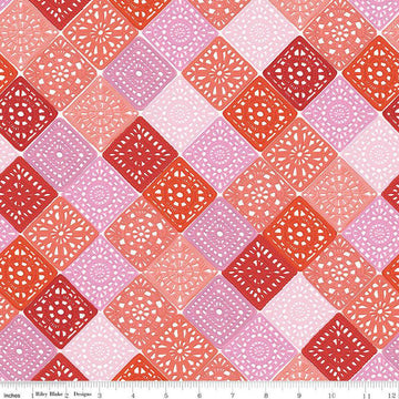 Image of Hand Made Crochet Pink quilting cotton fabric by Amber Kemp-Gerstel for Riley Blake Designs. Features granny squares on a pink background. Cute Little Fabric Shop