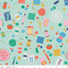 Image of Hand Made Notions Mint quilting cotton fabric by Amber Kemp-Gerstel for Riley Blake Designs. Features sewing supplies on a green background. Cute Little Fabric Shop