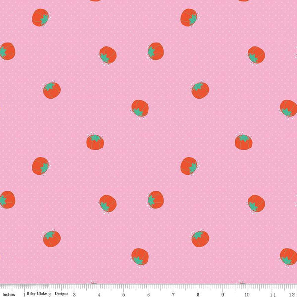 Image of Hand Made Pincushions Pink quilting cotton fabric by Amber Kemp-Gerstel for Riley Blake Designs. Features pincushions on a pink background. Cute Little Fabric Shop