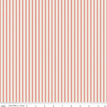 Image of Ivy Reese Ticking Coral quilting cotton fabric by Deena Rutter for Riley Blake Designs. Features stripes on a pink background. Cute Little Fabric Shop