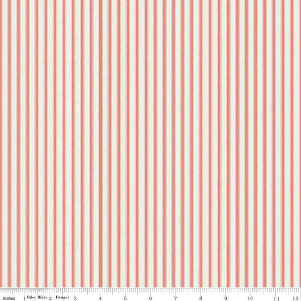 Image of Ivy Reese Ticking Coral quilting cotton fabric by Deena Rutter for Riley Blake Designs. Features stripes on a pink background. Cute Little Fabric Shop