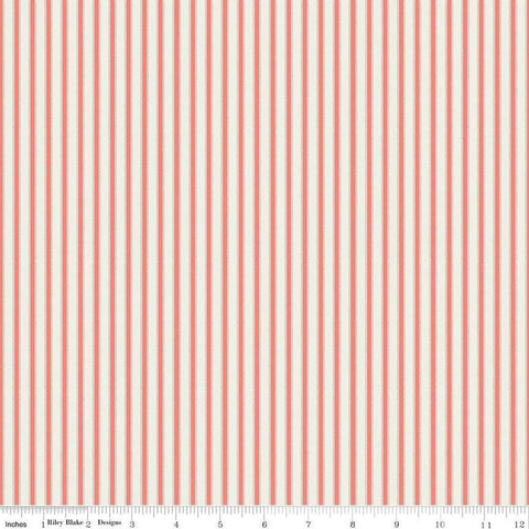 Image of Ivy Reese Ticking Coral quilting cotton fabric by Deena Rutter for Riley Blake Designs. Features stripes on a pink background. Cute Little Fabric Shop