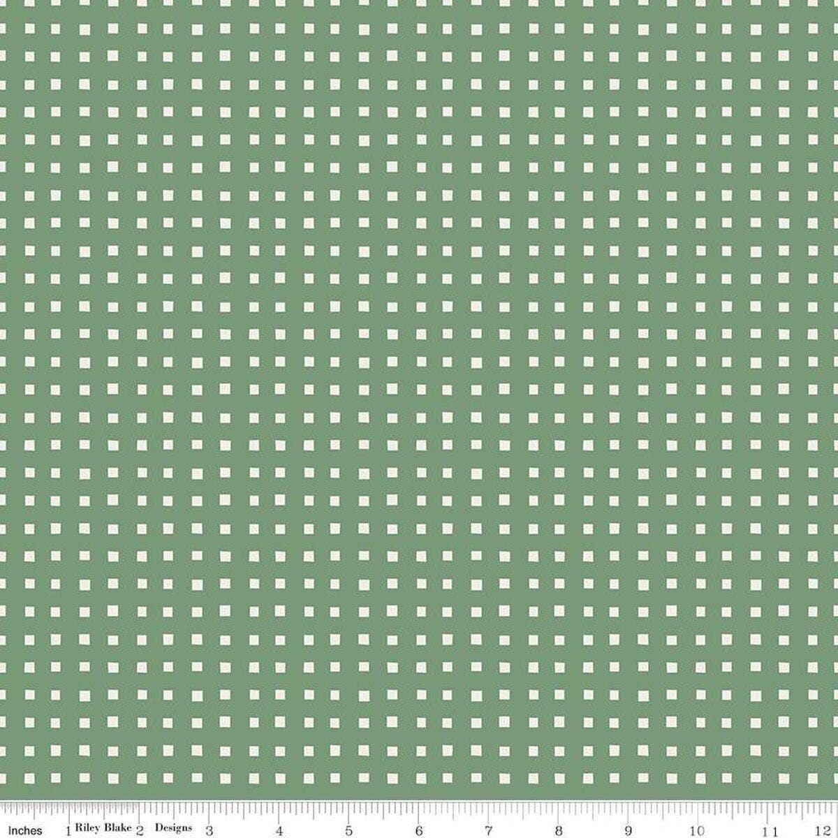 Image of Ivy Reese Simple Gingham Green quilting cotton fabric by Deena Rutter for Riley Blake Designs. Features squares on a green background. Cute Little Fabric Shop