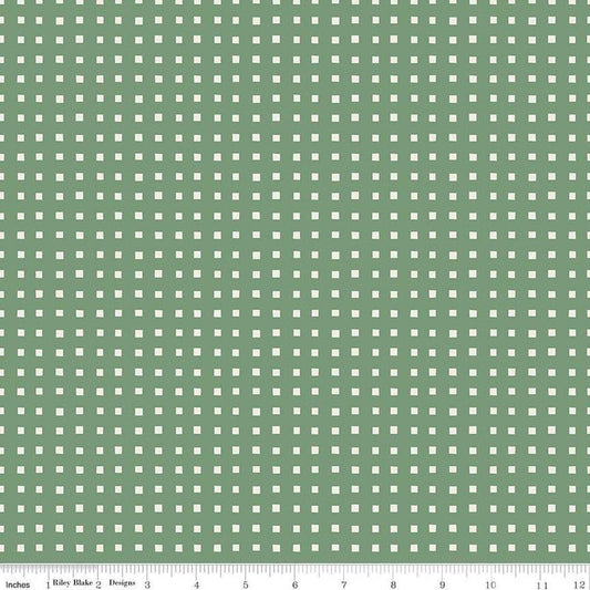 Image of Ivy Reese Simple Gingham Green quilting cotton fabric by Deena Rutter for Riley Blake Designs. Features squares on a green background. Cute Little Fabric Shop