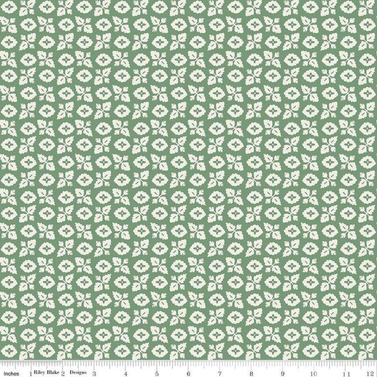 Image of Ivy Reese Garden Green quilting cotton fabric by Deena Rutter for Riley Blake Designs. Features leaves on a green background. Cute Little Fabric Shop