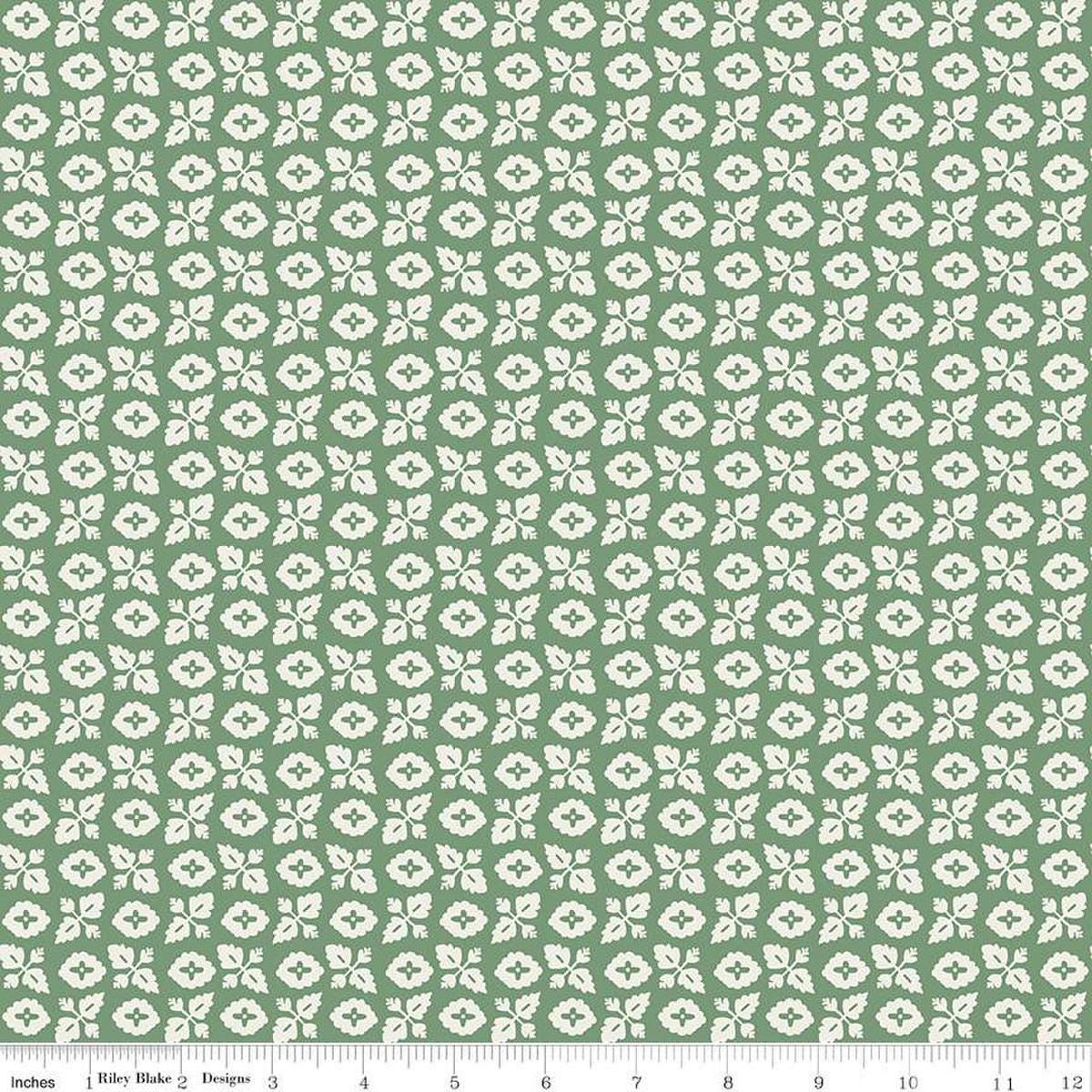 Image of Ivy Reese Garden Green quilting cotton fabric by Deena Rutter for Riley Blake Designs. Features leaves on a green background. Cute Little Fabric Shop