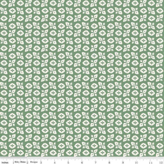 Image of Ivy Reese Garden Green quilting cotton fabric by Deena Rutter for Riley Blake Designs. Features leaves on a green background. Cute Little Fabric Shop