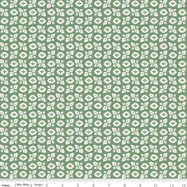 Image of Ivy Reese Garden Green quilting cotton fabric by Deena Rutter for Riley Blake Designs. Features leaves on a green background. Cute Little Fabric Shop