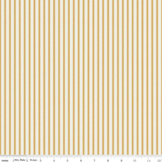 Image of Ivy Reese Ticking Golden quilting cotton fabric by Deena Rutter for Riley Blake Designs. Features stripes on a yellow background. Cute Little Fabric Shop